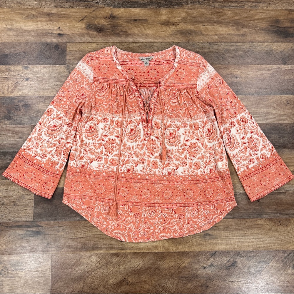 Lucky Brand Womens Shirt S Orange Paisley Lace Up Long Sleeve Tunic